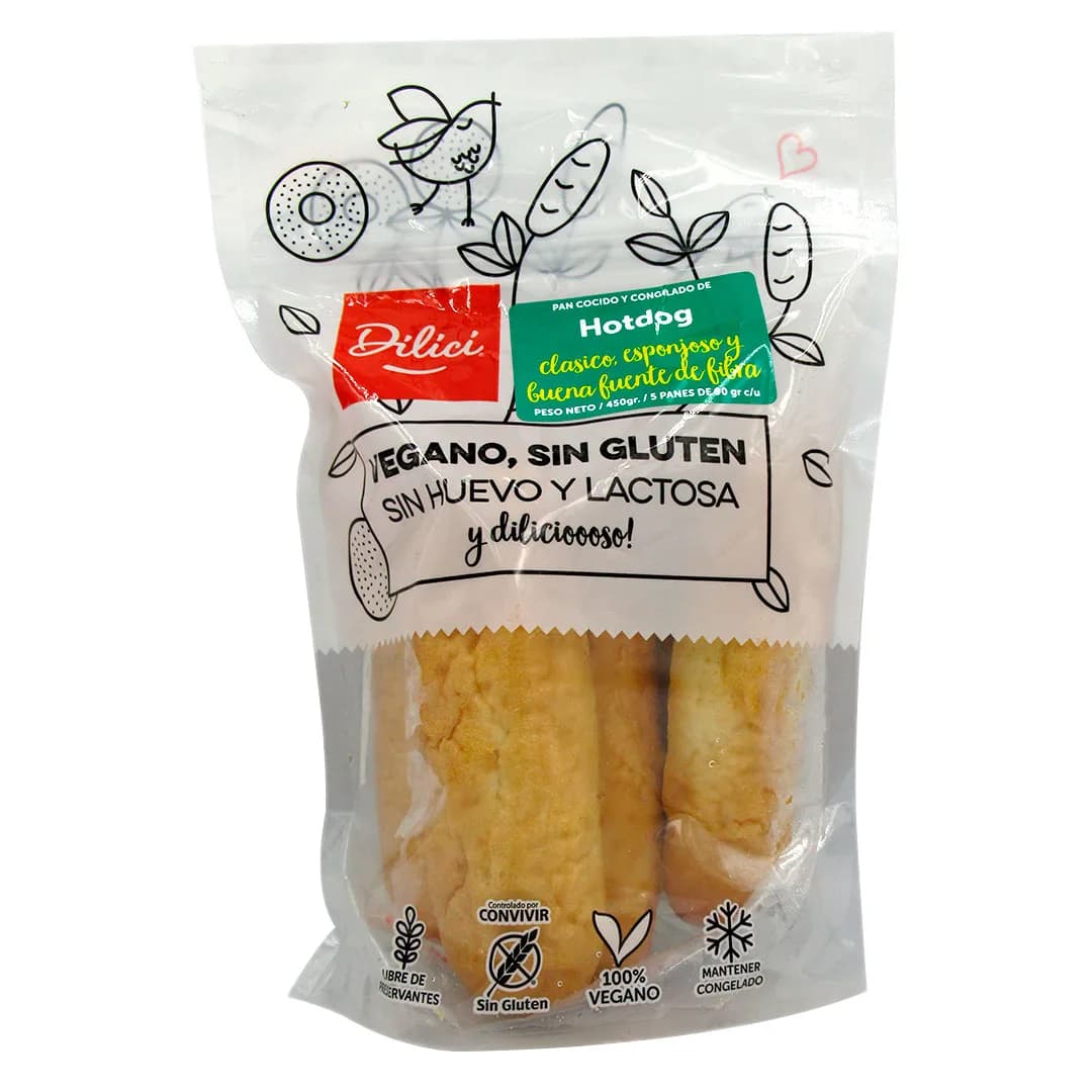 Pan de Hot Dog Blanco Congelado Vegano Sin Gluten 5 Un de 90 grs c/u