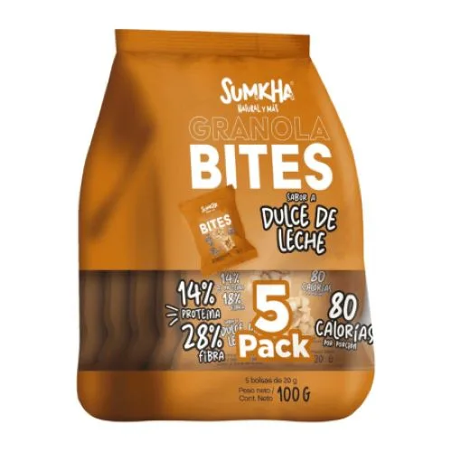 Pack Granola Bites 14 gr de Proteína Sabor Dulce de Leche 5 x 20 gr Libre de Gluten