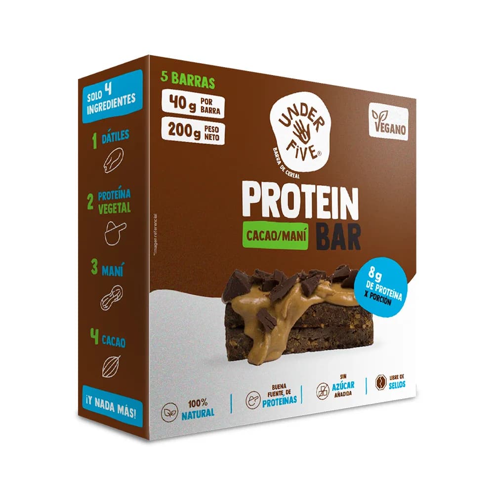 Pack 5 Barras Vegana Cacao Maní Sin Azúcar 200gr