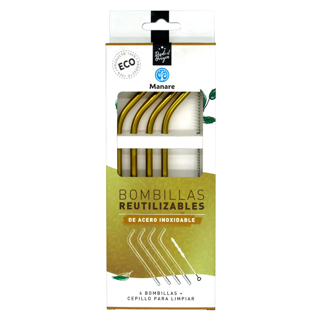 Bombillas Reutilizables de Acero Inoxidable Color Dorado 4 unidades