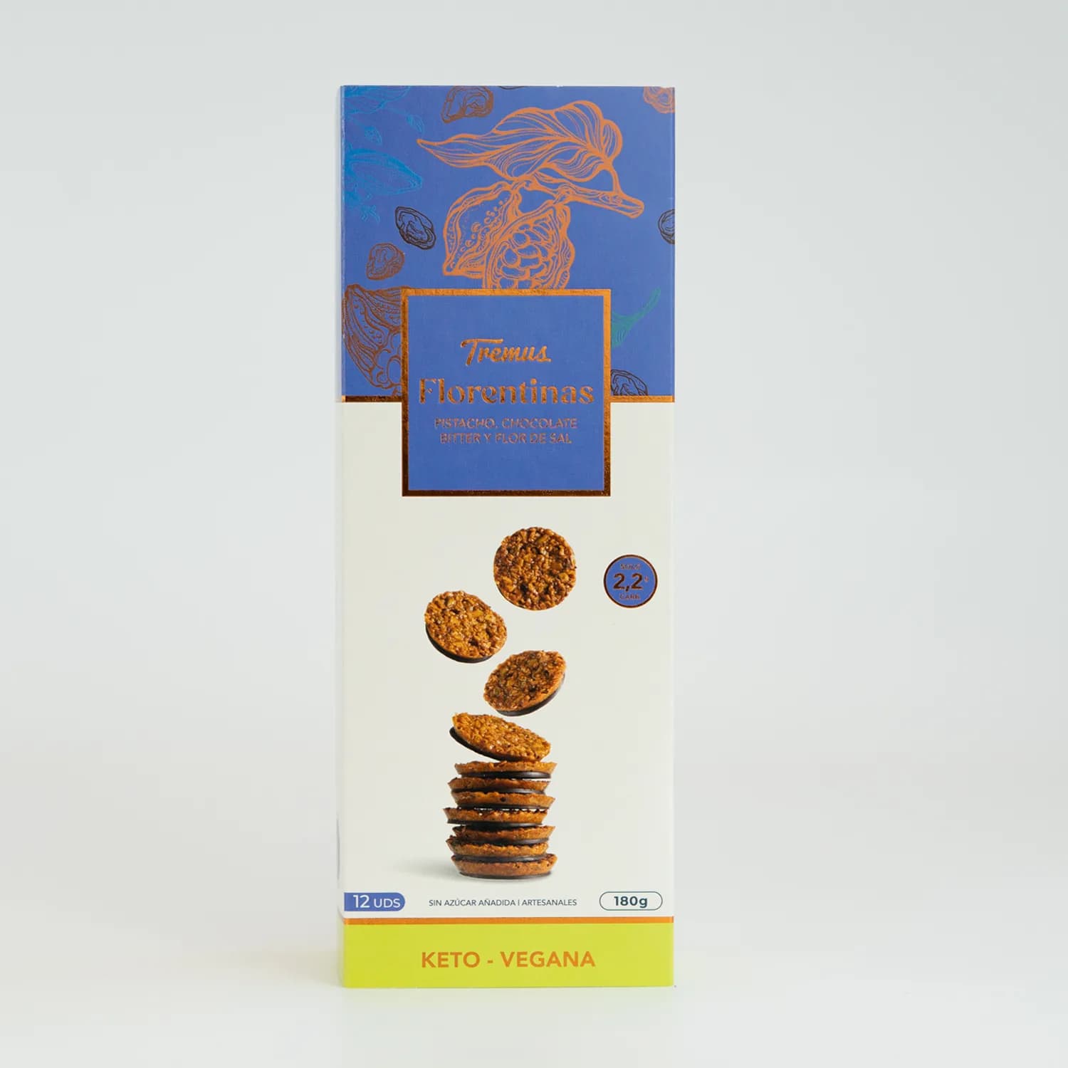 Galletas Florentinas Pistacho, Chocolate Bitter, Keto y Vegano, Sin Azúcar Añadida, 180 g