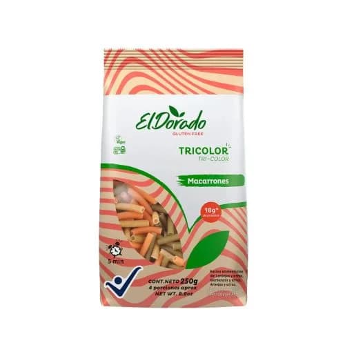 Pasta Tricolor Sin gluten Vegana Macarrones 250 Gr