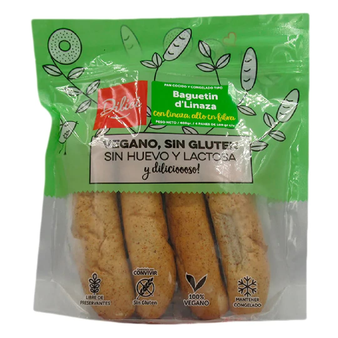 Pan Baguetin de Linaza Congelado Vegano Sin Gluten 4 Un de 100 grs c/u