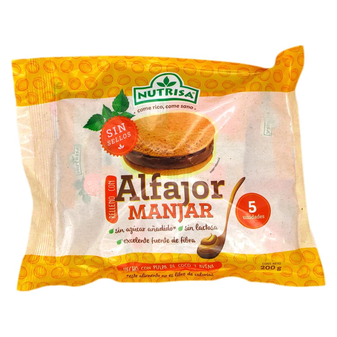 Alfajor Relleno de Manjar sin azúcar sin lácteos 5 unidades 200 grs