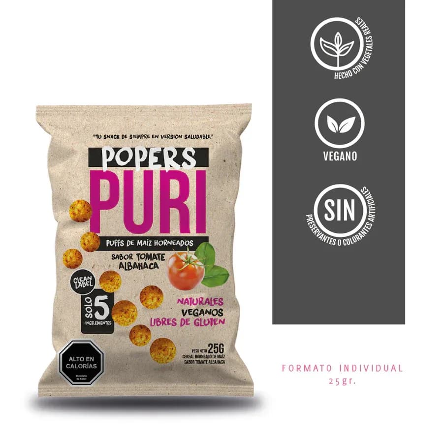 Puffs de Maíz Horneado Sabor Tomate Albahaca Vegano Libre de Gluten 25 gr
