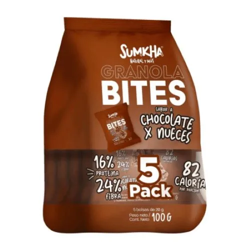 Pack Granola Bites 14 gr de Proteína Sabor Chocolate y Nueces 5 x 20 gr Libre de Gluten