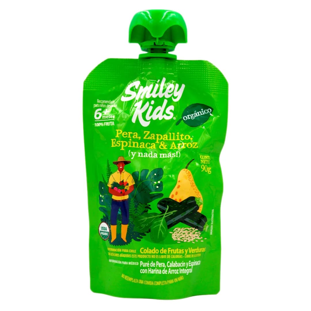Pure de Frutas Orgánico Sin Gluten Pera Zapallito Espinaca y Arroz 90 Grs