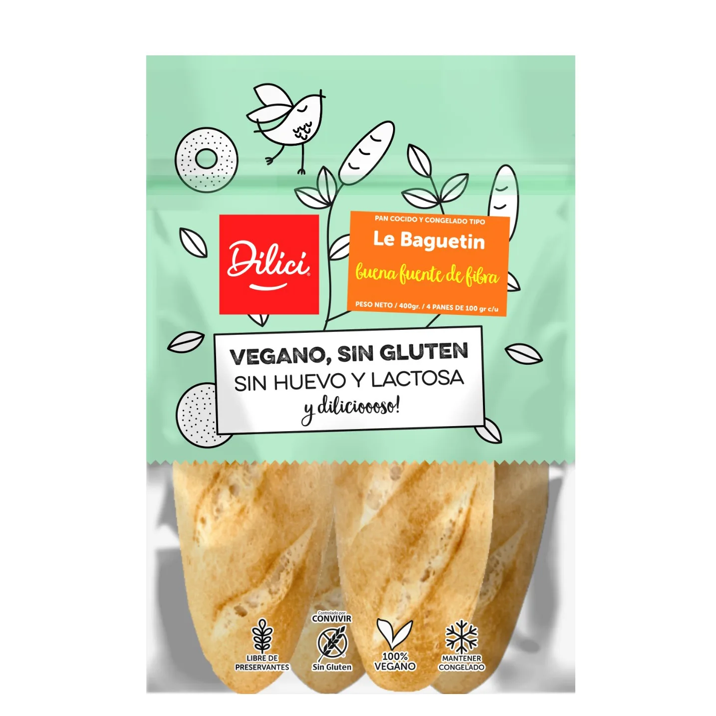 Pan Baguetin Congelado Vegano Sin Gluten 4 Un de 100 grs c/u