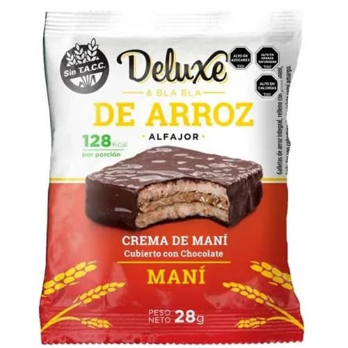 Alfajor de Arroz Gluten Free relleno crema de mani cubierto de Chocolate Negro 28gr