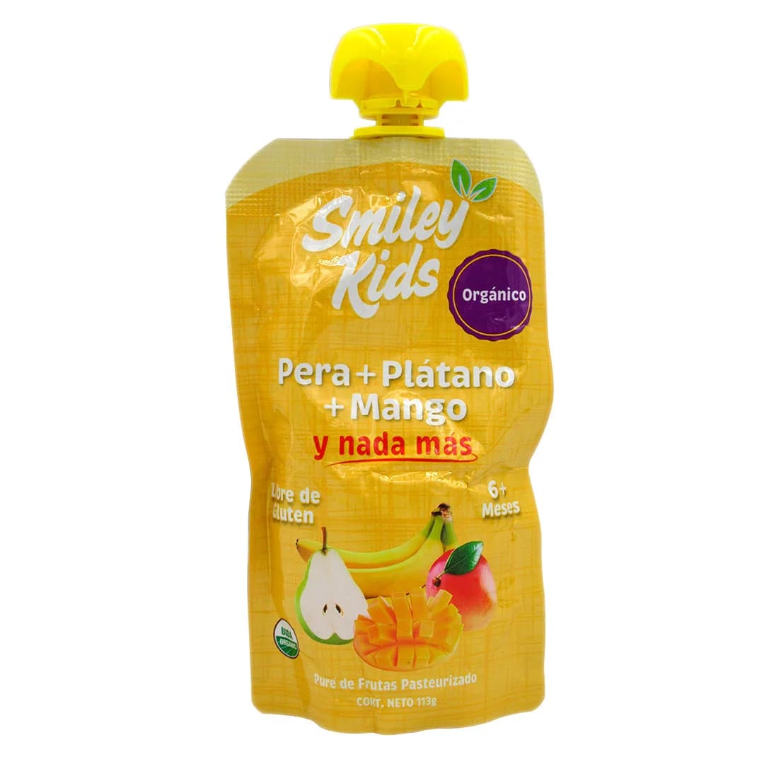 Pure de Frutas Orgánico, Sin Gluten, Pera, Plátano y Mango ,113 Grs