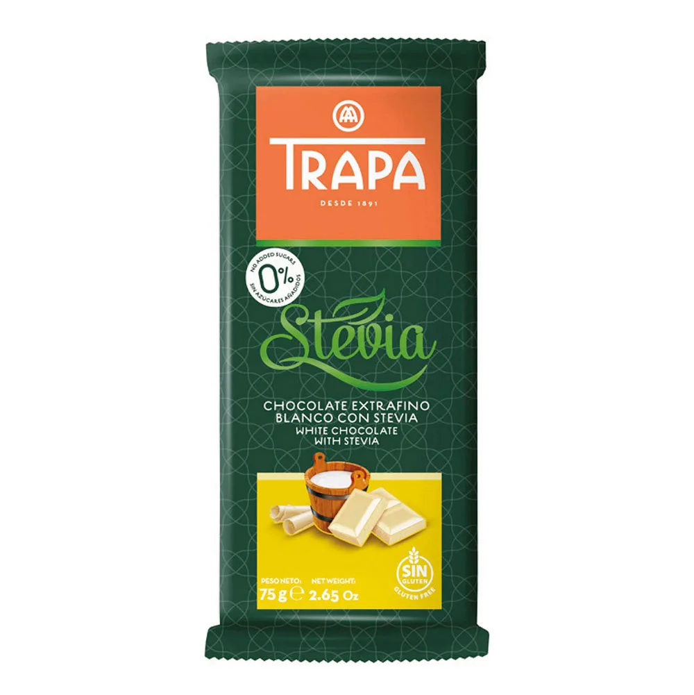 Barra de Chocolate Blanco endulzado con Stevia y sin gluten 75 grs