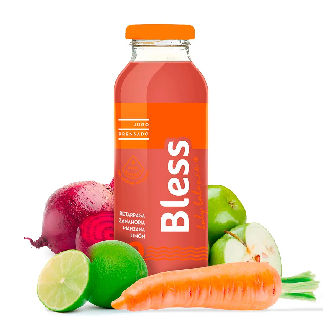 Jugo Prensado Fruta & Hortaliza Bless con Sabor Betarraga Zanahoria Manzana Sin Azúcar 300 ml Marca