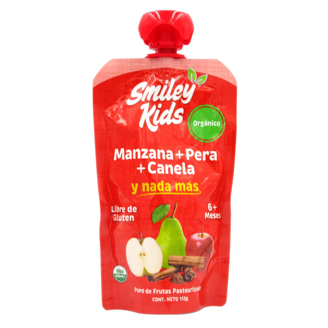 Pure de Frutas Orgánico, Sin Gluten, Manzana, Pera y Canela,113 Grs