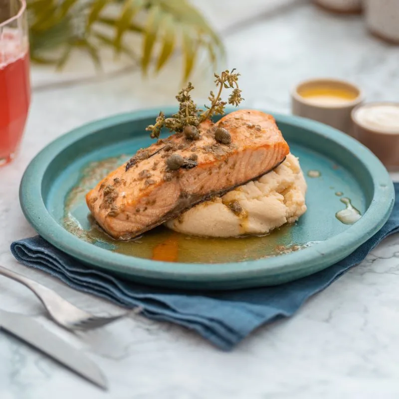 Salmón en emulsion de alcaparras y puré Keto.
