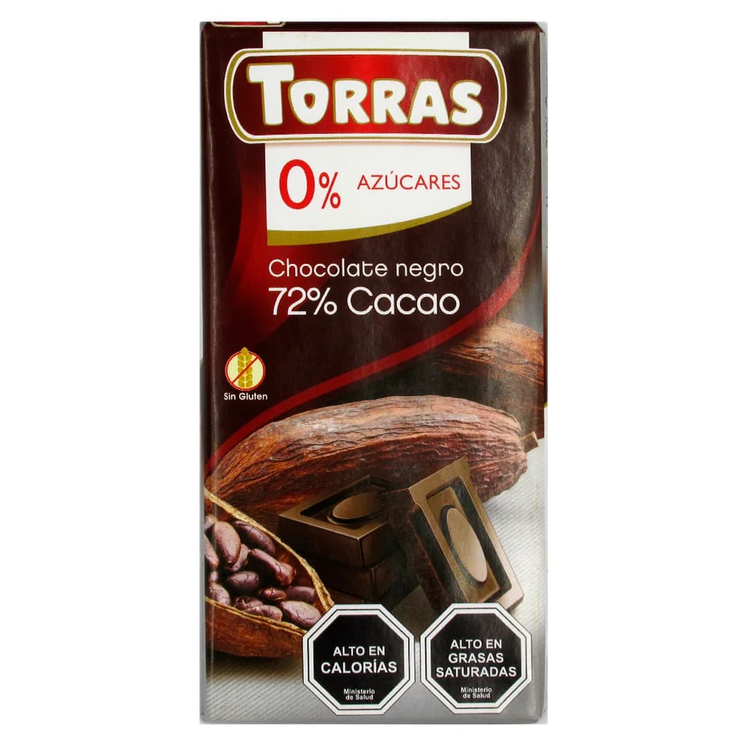 Barra de Chocolate 72% Cacao sin Azúcar añadida y sin gluten 75 grs