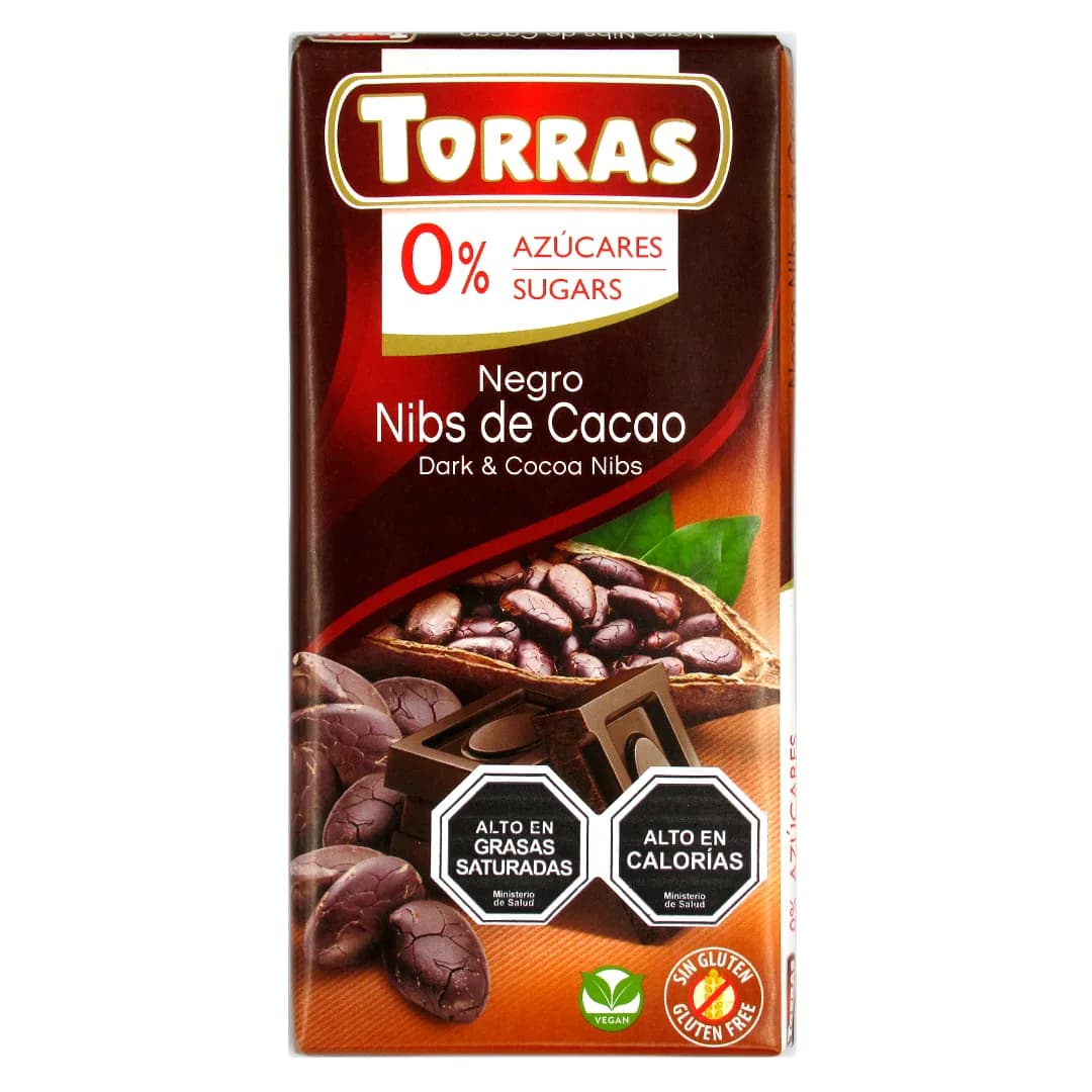 Barra de Chocolate 54% Cacao con Cacao Nibs Sin Azúcar Añadida y Sin Gluten 75 grs