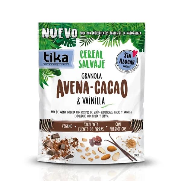 Granola Avena Cacao y Vainilla vegana sin azúcar con prebióticos 200 grs