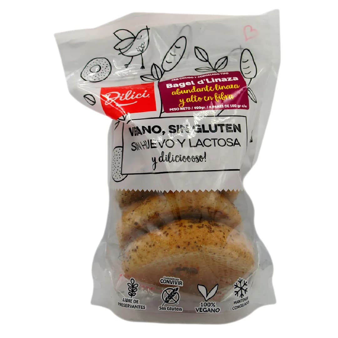 Pan Bagel de Linaza Congelado Vegano Sin Gluten 4 Un de 100 grs c/u