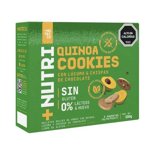 Quinoa Cookies Sin Gluten Lúcuma y Chispas de Chocolate Caja 5x30grs Marca: +Nutrico
