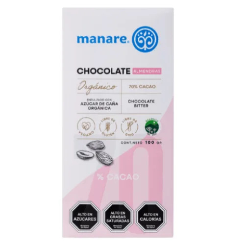 Barra de Chocolate Almendra 70% Cacao Orgánico Libre de Gluten Libre de Leche 100 grs