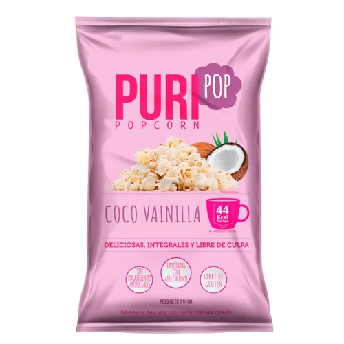 Pop Corn Libre de Gluten y Vegano Sabor Coco Vainilla Tamaño Familiar 210 grs
