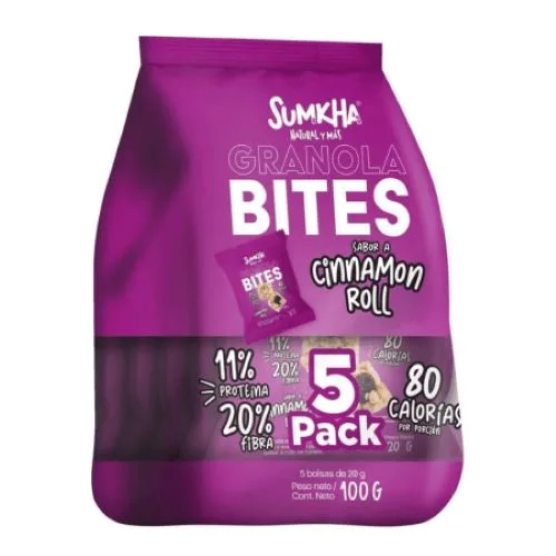 Pack Granola Bites 14 gr de Proteína Sabor Cinnamon Roll 5 x 20 gr Libre de Gluten