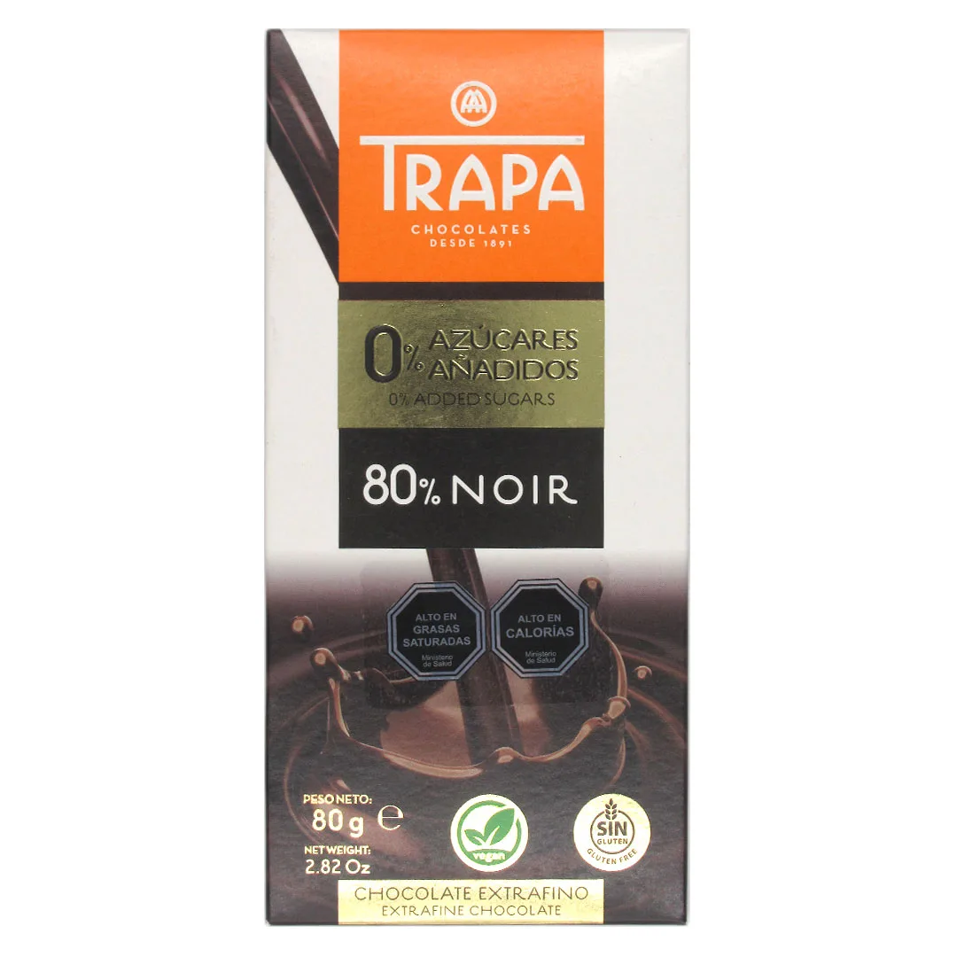 Barra de Chocolate 80% Cacao Noir Sin Gluten Vegano Sin Azúcar 80 gr